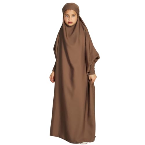 IDOPIP Muslim Dress for Girls One Piece Long Sleeve Islamic Prayer Dress with Hijab Casual Maxi Kaftan Abaya Gown Clothes - color: Coffee, size: 6-7 Years