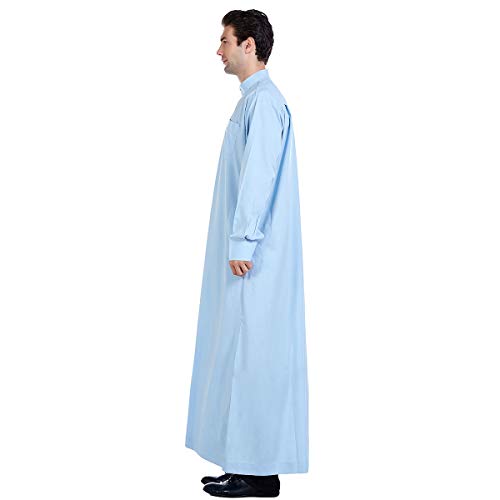 Men Arabic Long Sleeve Pure Color Thobe Crew Stand Collar Kaftan Robe with Button - color: Sky Blue, size: Small