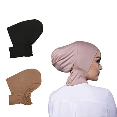 2 Pieces Jersey Muslim Inner Cap Stretch Turban Hijab Islamic Underscarf Bonnet Head Wear Neck Cover - color: Black+coffee