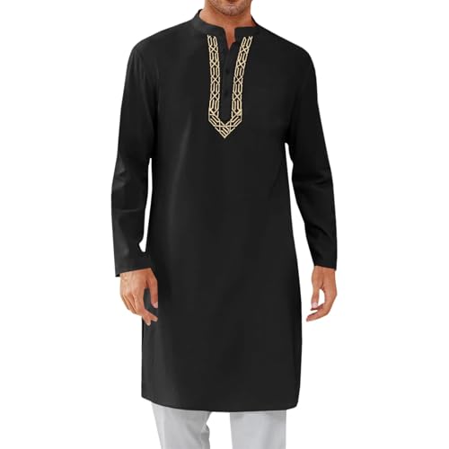 Linen Muslim Gown Shirt for Mens Loose Long Sleeve Casual Henley Shirts Kaftan Thobe Button Down Long Robes - color: Black, size: Medium