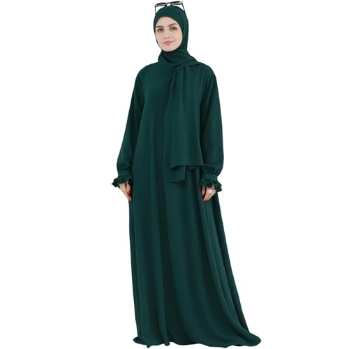 Women Muslim Dress Middle East Arabian Robe Islamic Modest Dress with Hijab Scarf Lace Sleeve Flowy Abaya Dress - color: Dark Green