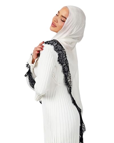 JUMISEE Elegant Floral Lace Hijab Scarf for Women Soft Cotton Head Wrap Instant Hijab Long Scarves Evening Dress Shawl - color: White With Black Lace Trim