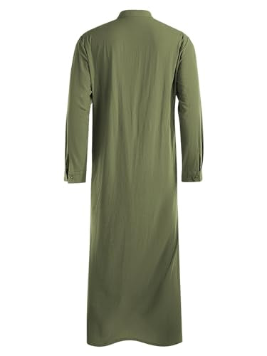 Jacansi Men's Muslim Buttoned Thobe Long Tunic, Oversized & Extra Long, Arabic Style with Pockets - color: Army Green, size: Medium