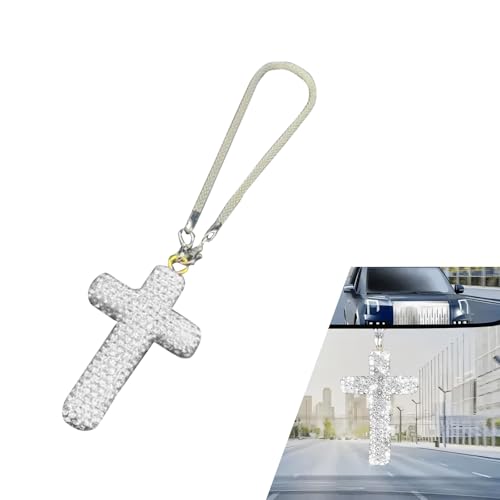 Cross for Car Mirror Hanging, Bling Crystal Rhinestone Cross Rear View Mirror Accessories, Shiny Cars Pendant Charm, Religious Rearview Mirrors Decoration, Auto Interior Accessories (Silver) - color: Silver