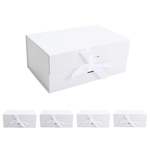 kaxilu White Gift Boxes with Ribbon Foldable Gift Boxes Set of 5 Magnetic Gift Boxes for Presentations and Groomsmen Proposal, Glossy Finish,Large-L11.5*W8.6*H4.2inch - color: White, size: Large-L11.5*W8.6*H4.2inch
