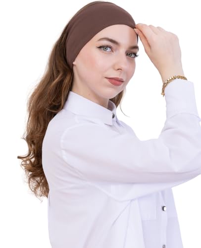 Prien Women Cotton Hijab Cap, Stretchy Head Cover, Pre-Sewn Inner Muslim Scarf Undercap, Non Slip Headband for Daily Wear - color: Brown
