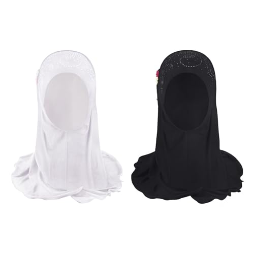 Girls Muslim Hijab Floral Lace Head Scarf Kids Islamic Arab Scarf Shawls Head Wrap with Flowers - color: Black+white-floral 2pcs
