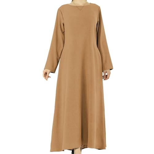 Women Abaya Muslim Dress Long Sleeve Modest Prayer Maxi Kaftan Islamic Clothes with Pockets - color: Khaki, size: Large
