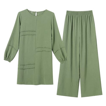 Abayas Dress For Women Muslim Long Sleeve Loose Top Pants 2 Pcs Dubai Islamic Muslim Women Matching Sets - color: Sage Green Cc, size: X-Large