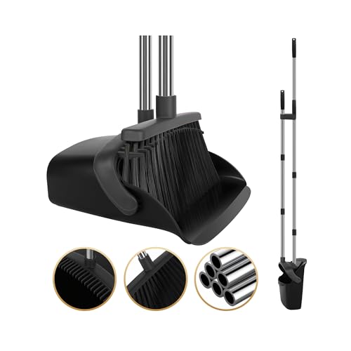 Upgraded Broom and Dustpan Set, 55" Long Handle Black Large Broom with Dustpan Combo Set，Self Cleaning Dustpan for Lobby Kitchen Office Restaurant - color: Black, size: Large