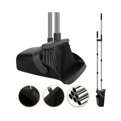 Upgraded Broom and Dustpan Set, 55" Long Handle Black Large Broom with Dustpan Combo Set，Self Cleaning Dustpan for Lobby Kitchen Office Restaurant - color: Black, size: Large
