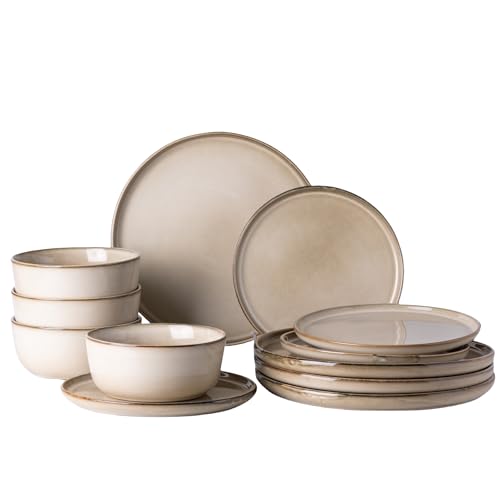 GBHOME Dinnerware Sets for 4, 12 Pieces Ceramic Plates and Bowls Set - color: Cappuccino, size: Service for 4(12Pcs)