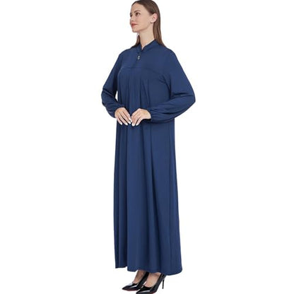 Women Muslim Casual Dress Islamic Maxi Robe Chest Zipper Abaya 1PC Soft Muslim Abaya Eid Kaftan Robe Classic Dress - color: Navya, size: X-Large