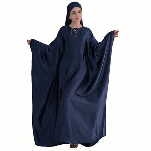 Abaya Muslim Women Dress Satin Batwing Sleeve Kaftan Maxi Arabian Dubai Islamic Ramadan Prayer Dress with Hijab Scarf - color: Navy