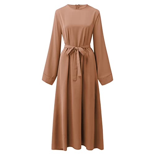 Casual Maxi Dresses for Women Long Sleeve Spring Pleated Flowy A Line Prayer Dress Muslim Dresses with Belt - color: Beige, size: Small