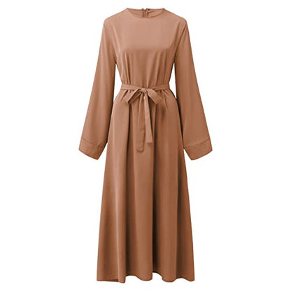 Casual Maxi Dresses for Women Long Sleeve Spring Pleated Flowy A Line Prayer Dress Muslim Dresses with Belt - color: Beige, size: XX-Large