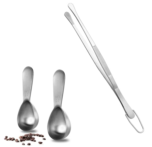 U-Taste 2 Tablespoon Metal Measuring Spoon Set of 2 with Short Handled Measure Scooper (Silver, 2Tbsp/30ml) and 8in Kitchen Plating Tweezer:18/8 Stainless Steel Food-Grade Metal Food Tong (Round Tip)