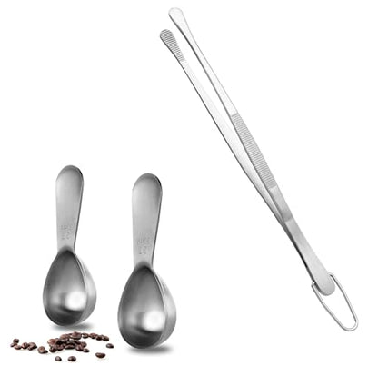 U-Taste 2 Tablespoon Metal Measuring Spoon Set of 2 with Short Handled Measure Scooper (Silver, 2Tbsp/30ml) and 8in Kitchen Plating Tweezer:18/8 Stainless Steel Food-Grade Metal Food Tong (Round Tip)