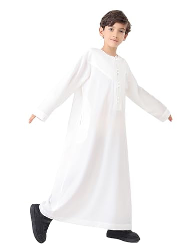 OBEEII Boy's Muslim Thobe Arab Long Sleeve Abaya Kaftan Robe Eid Ramadan Islamic Middle East Dubai Prayer Dress with Pockets - color: White, size: 5-6 Years