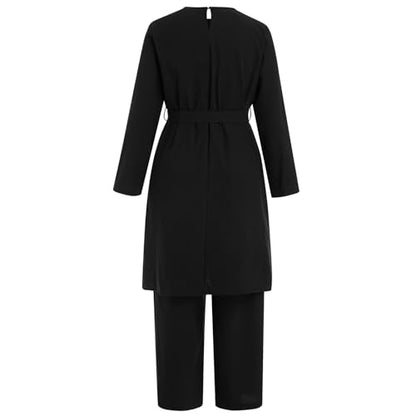 IDOPIP Women's Muslim Abaya Dress 2 Pieces Set Long Sleeve Button Down Shirt and Pants Casual Arabic Islamic Dubai Outfits - color: Black + Belt, size: 3X-Large