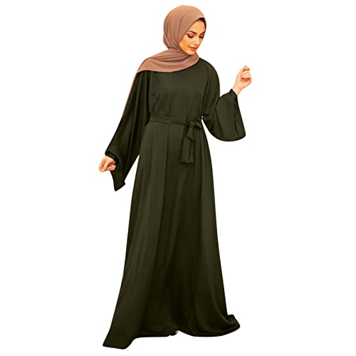Casual Maxi Dresses for Women Long Sleeve Spring Pleated Flowy A Line Prayer Dress Muslim Dresses with Belt - color: Green, size: Small
