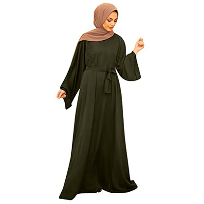Casual Maxi Dresses for Women Long Sleeve Spring Pleated Flowy A Line Prayer Dress Muslim Dresses with Belt - color: Green, size: X-Large