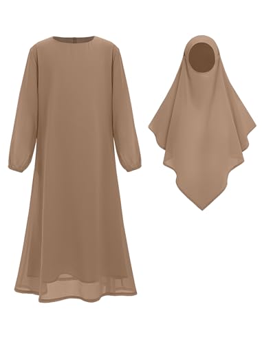 IDOPIP Muslim Dress for Girls Islamic Prayer Abaya Long Sleeve Chiffon Kaftan Robe Dresses with Hijab Ramadan Dubai Outfits - color: Khaki, size: 7-8 Years