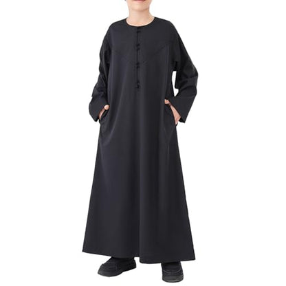 Boys Arabic Thobe Solid Long Sleeve Muslim Kaftan Robe Kids Boys Crew Collar Button Islamic Thobe Ramadan Eid Outfit - color: Black, size: 13-14 Years