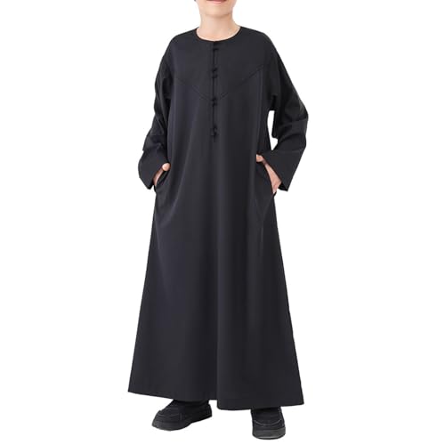 Boys Arabic Thobe Solid Long Sleeve Muslim Kaftan Robe Kids Boys Crew Collar Button Islamic Thobe Ramadan Eid Outfit - color: Black, size: 7-8 Years