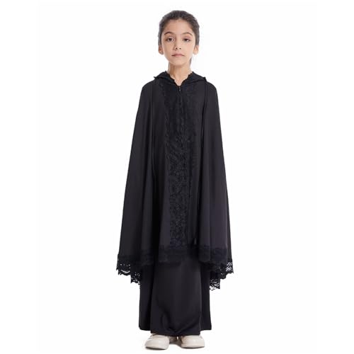 Girls Abaya Muslim Prayer Dress 2 Piece Maxi Sleeve Full Cover Lace Hijab Kaftan Tops Long Skirt Kids Soft Elastic - color: Black, size: 5-6 Years
