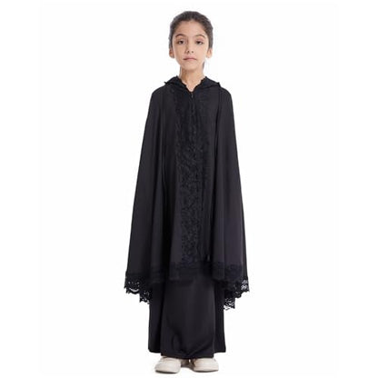 Girls Abaya Muslim Prayer Dress 2 Piece Maxi Sleeve Full Cover Lace Hijab Kaftan Tops Long Skirt Kids Soft Elastic - color: Black, size: 9-10 Years