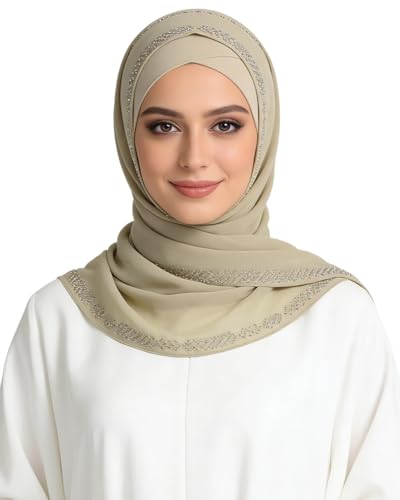 RARITYUS Sparkly Rhinestone Hijab Scarf for Women Silky Chiffon Instant Muslim Islamic Hijab Head Wrap Long Shawls - color: Khaki