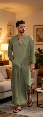 Jacansi Men's 65% Cotton 35% Linen Kaftan Thobe, Long Sleeve Casual Arabic Robe, Loose Long Gown with Pockets - color: Black #1, size: X-Large