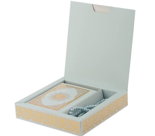 Prien Muslim Gifts for Eid, Gilt Covered Gift Box, Silvered Quran Gifts for Ramadan Mosque, Pearl Prayer Beads, Islamic Portable Boxes Women, Mawlid Gift Set for Birthday, Umrah (Blue) - color: Blue