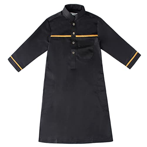 Boy's Muslim Arab Islamic Kaftan Embroidered Robe Solid Color Thobe Islamic Arabic Abaya Ethnic Dress With Pockets - color: Black Stripe, size: 4-5T