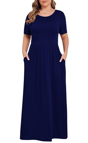 KARALIN Women Plus Size Maxi Dress Short Sleeve Round Neck Loose Fit A-Line - color: 001 Navy Blue, size: 22 Plus