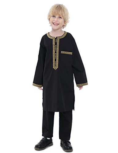 Boy's Muslim Clothing Kaftan Set - Middle East Youth Embroidered Robe Suit Round Neck Islamic Dress Arabic Wear - color: Black, size: 15