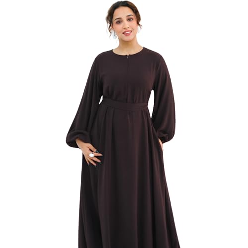 Muslim Women Abaya Dress Breathable Front Zipper&Pockets&Belt Prayer Robe - color: Dark Coffee, size: X-Large