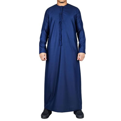 Men's Thobe Emirati Omani Jubba Islamic Clothing Muslim Kaftan Eid Robe Arab String Tassel - color: Navy Regular, size: 52