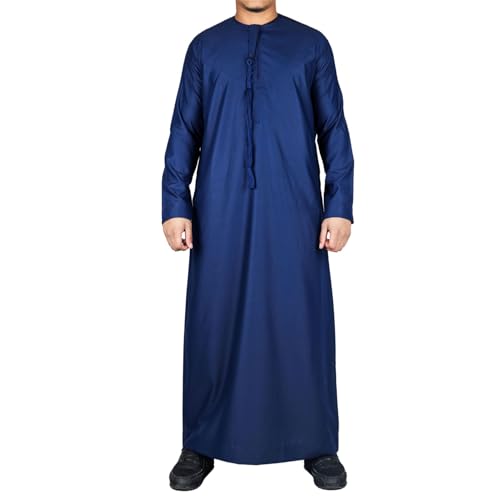 Men's Thobe Emirati Omani Jubba Islamic Clothing Muslim Kaftan Eid Robe Arab String Tassel - color: Navy Regular, size: 52