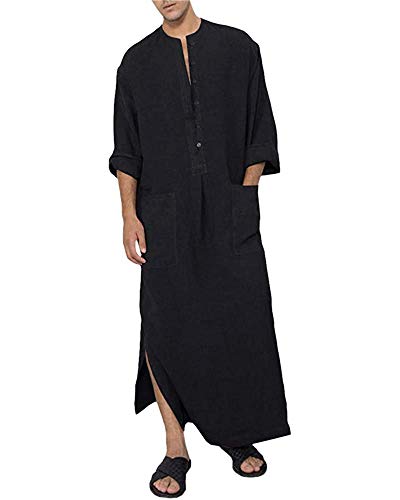 Jacansi Men's Button up Cotton Robe Long Sleeve Kaftan Thobe Long Gown Casual Shirt for Beach - color: 01-black, size: XX-Large