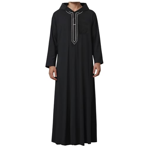 Thobe for Men Button Down Long Sleeve Hooded Plus Size Kaftan Solid Casual Loose Hoodie Long Gown Thobe Kaftan - size: X-Large