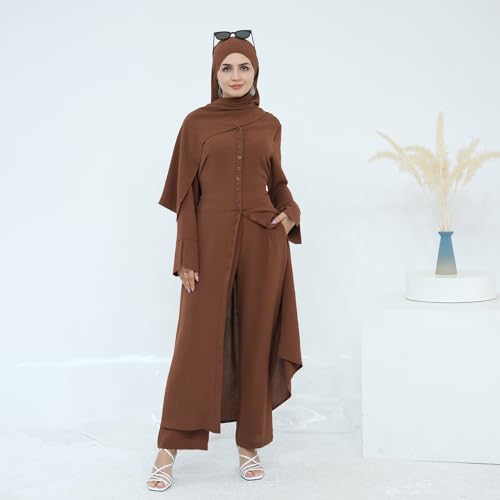 IDOPIP Muslim Women 2-Piece Set Long Sleeve Ramadan Islamic Abaya Dress Shirt with Pants Loose Fit Casual Dubai Prayer Outfit - color: Coffee, size: X-Large-XX-Large
