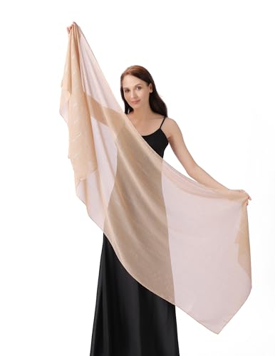 Women's Sheer Chiffon Shawl Wrap Scarf With Silver Thread,Lightweight Sparkling Rhinestone Versatile Hijab Stole - color: Champagne