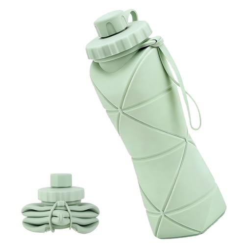 Collapsible Water Bottles 20oz (600ml), BPA-Free Silicone Foldable Portable Lightweight Reusable Water Bottle with Leak-Proof Lid & Lanyard for Outdoor Travel Cycling Gym & Camping - color: 600ML-Green