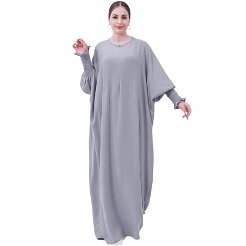 khalat Womens Muslim Prayer Dress Front Zipper Kaftan Islamic Robe Modest Solid Abayas for Women Muslim - color: Light Gray