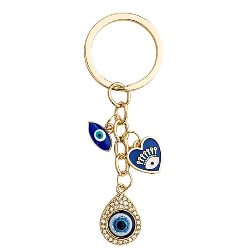 Blue Evil Eye Keychain Hamsa Hand Protection Keyring Good Luck Amulet for Purse Keys,Spiritual Gift for Women Men - color: Gold-1