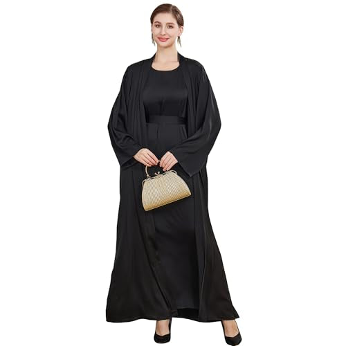 Islamic Abaya Dress for Women Muslim Maxi Abayas 2pcs Silky Fashion Dress Set Daily Kaftan Jilbab Outfit Women Eid Robe - color: Blacka, size: Large