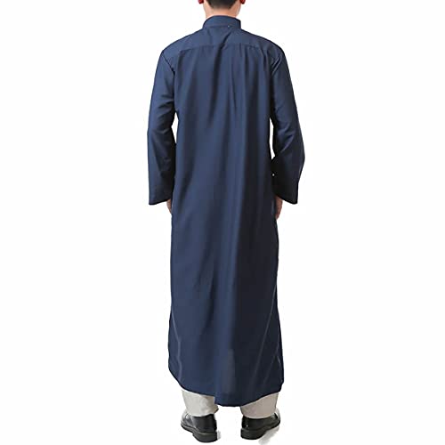 Men's Saudi Arabic Thobe Jubba Dishdasha Long Sleeve Robe Ramadan Muslim Dress Middle East Islamic Clothing (328# Navy, L)