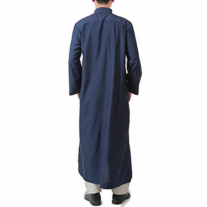 Men's Saudi Arabic Thobe Jubba Dishdasha Long Sleeve Robe Ramadan Muslim Dress Middle East Islamic Clothing (328# Navy, L)